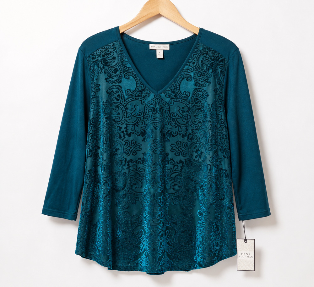 Dana Buchman Teal Damask Scroll Mixed Media Top 3/4 Sleeve Stretch Size L NWT